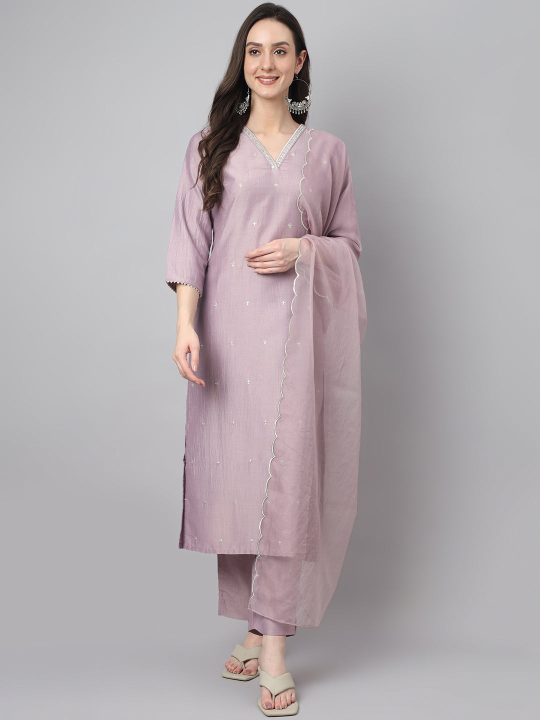 Women's Lavender Chinon Embellished Kurta with Pant and Dupatta Janasya