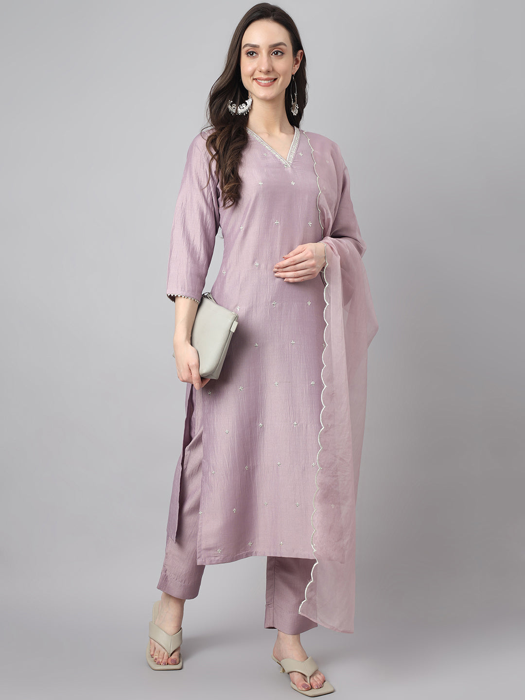 Women's Lavender Chinon Embellished Kurta with Pant and Dupatta Janasya