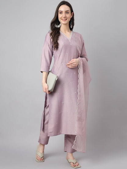Women's Lavender Chinon Embellished Kurta with Pant and Dupatta Janasya