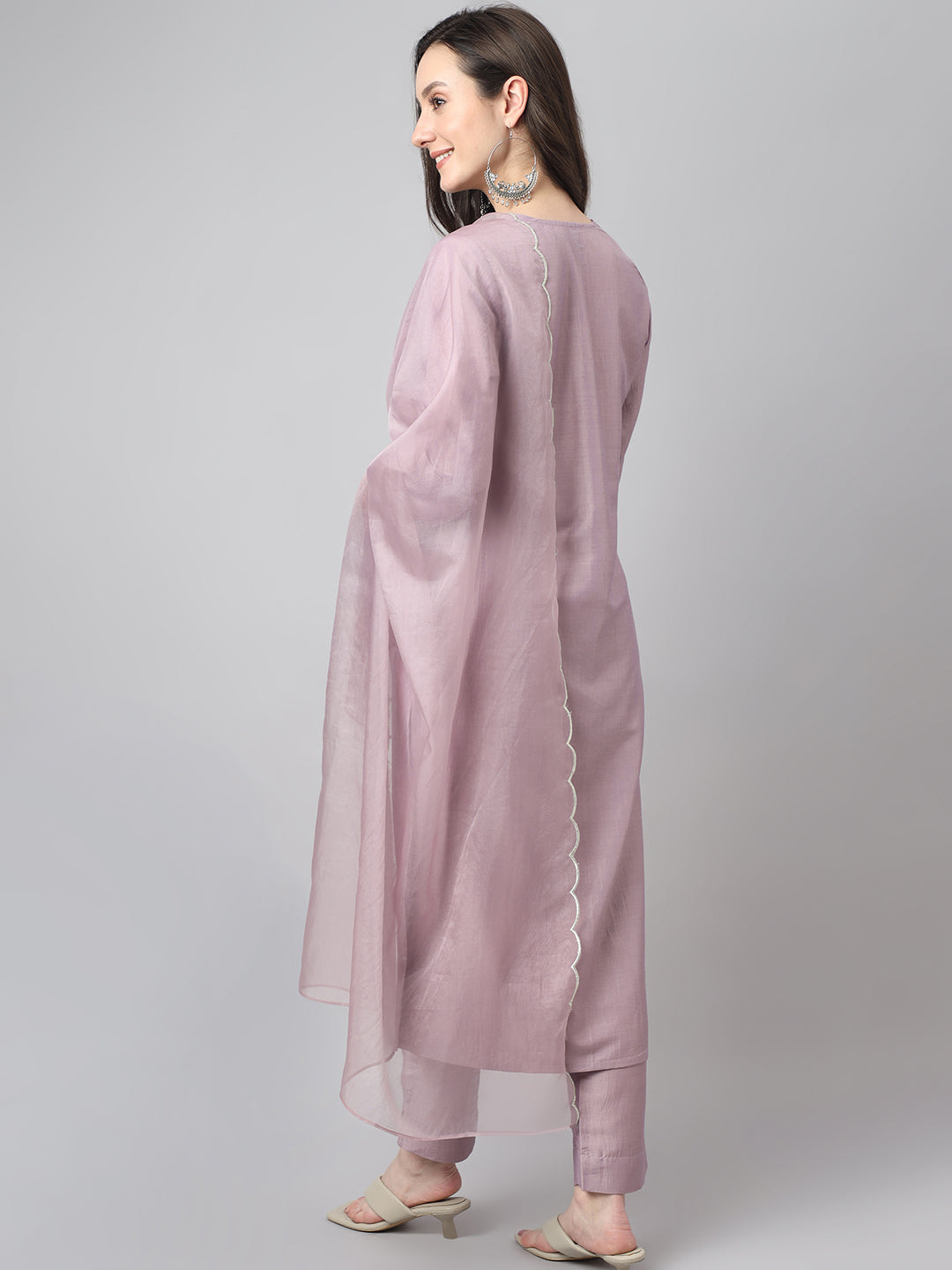 Women's Lavender Chinon Embellished Kurta with Pant and Dupatta Janasya