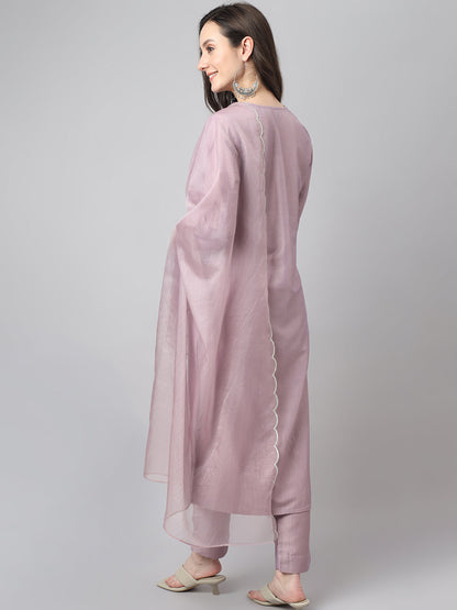 Women's Lavender Chinon Embellished Kurta with Pant and Dupatta Janasya