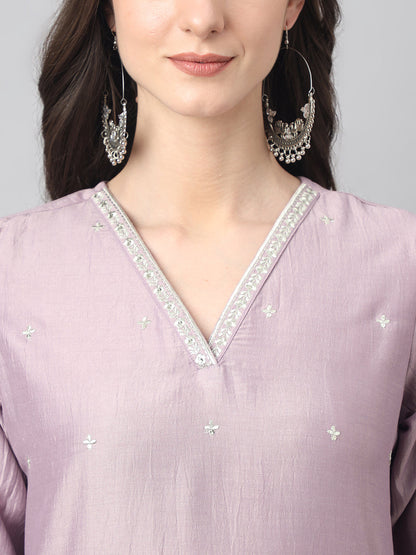 Women's Lavender Chinon Embellished Kurta with Pant and Dupatta Janasya