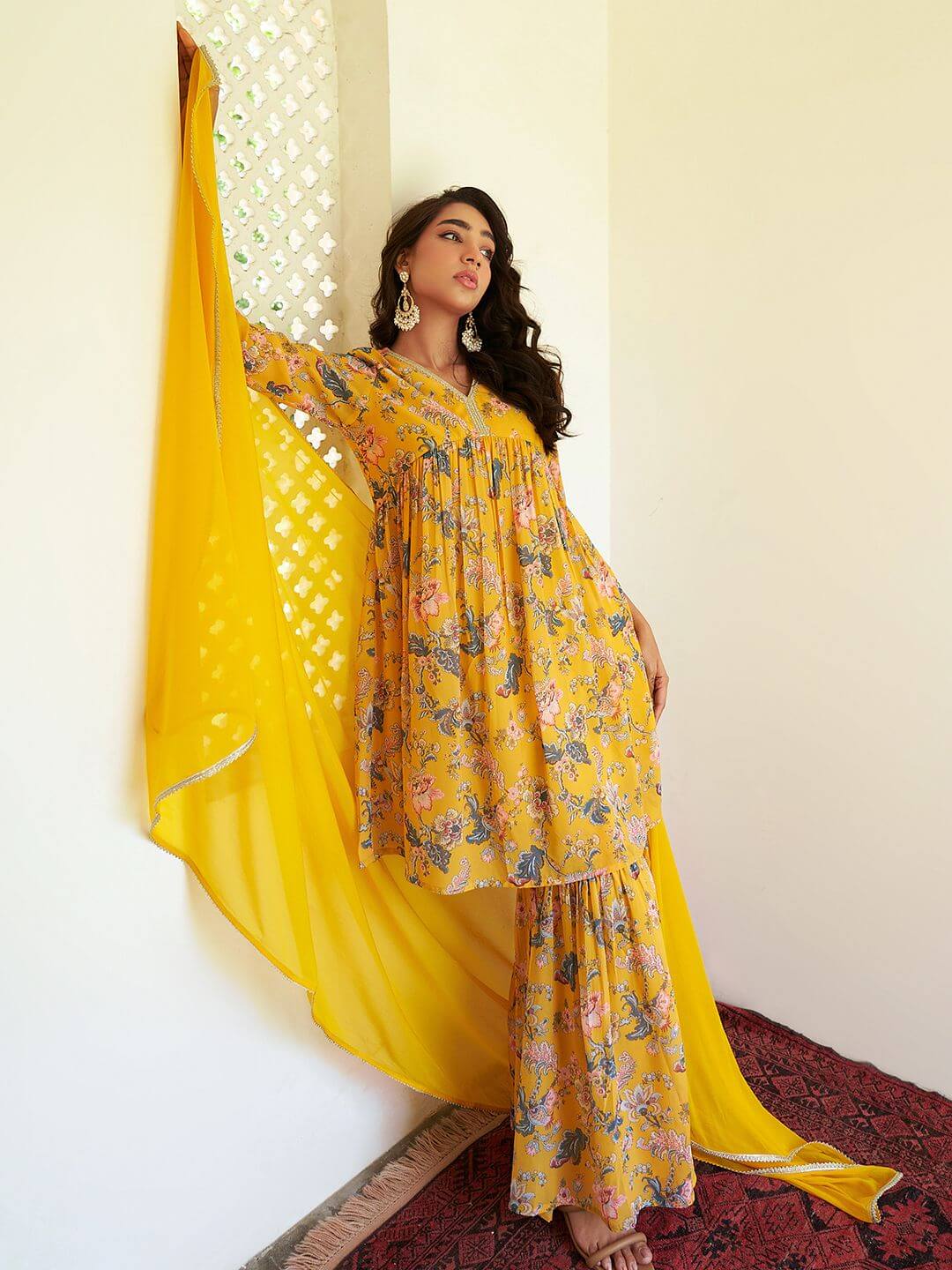 Yellow Georgette Digital Floral Printed Kurta with Sharara and Dupatta