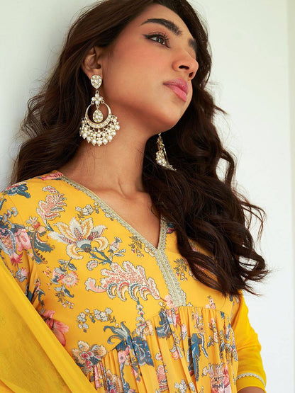 Yellow Georgette Digital Floral Printed Kurta with Sharara and Dupatta