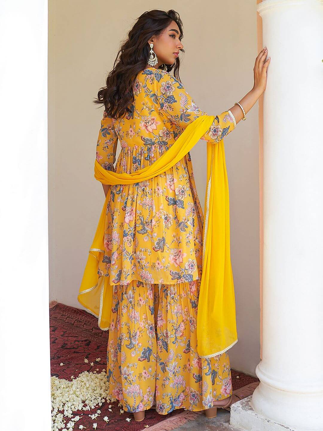 Yellow Georgette Digital Floral Printed Kurta with Sharara and Dupatta