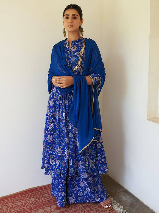 Dark Blue Georgette Digital Floral Printed Kurta with Palazzo and Dupatta