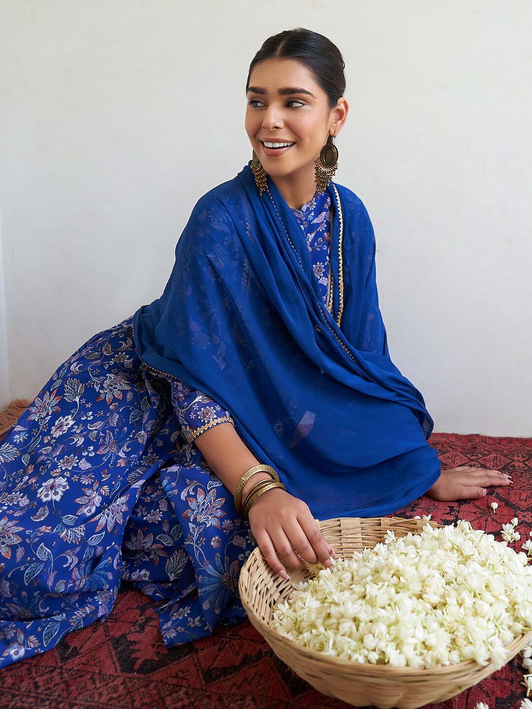 Dark Blue Georgette Digital Floral Printed Kurta with Palazzo and Dupatta