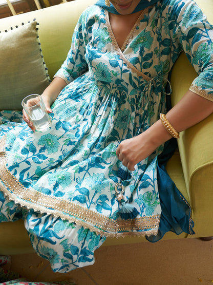 White Cotton Floral Printed Short Kurta with Sharara and Dupatta