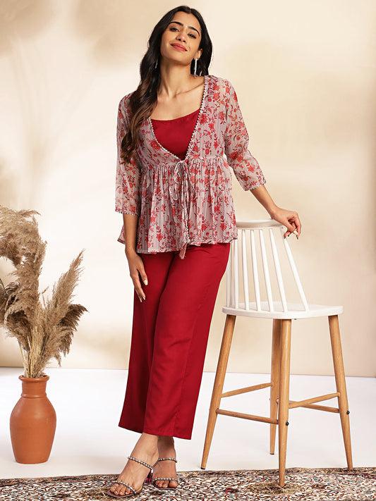 Wine Moss Solid Crop Top with Pant and Jacket