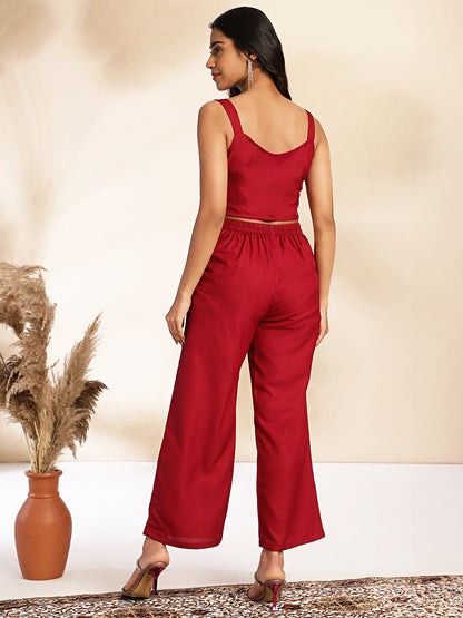 Wine Moss Solid Crop Top with Pant and Jacket