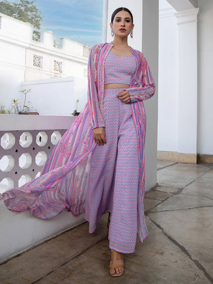 Multicolour Georgette Chevron 3 Piece Jacket Set