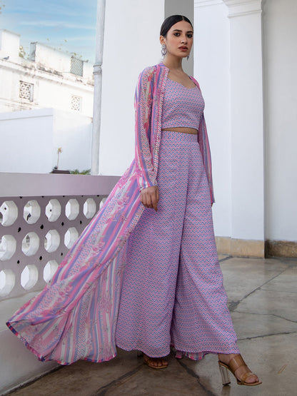 Multicolour Georgette Chevron 3 Piece Jacket Set