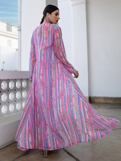 Multicolour Georgette Chevron 3 Piece Jacket Set