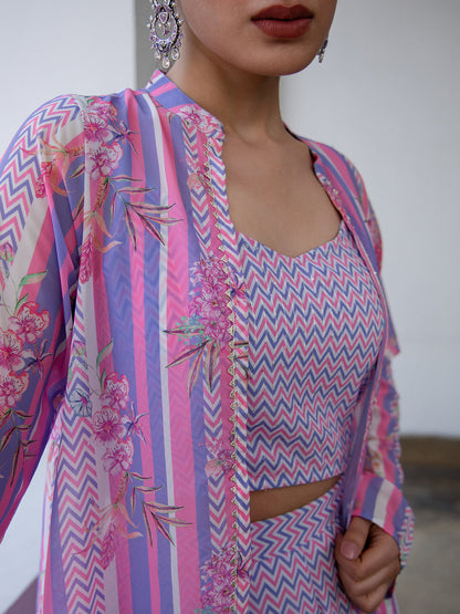 Multicolour Georgette Chevron 3 Piece Jacket Set