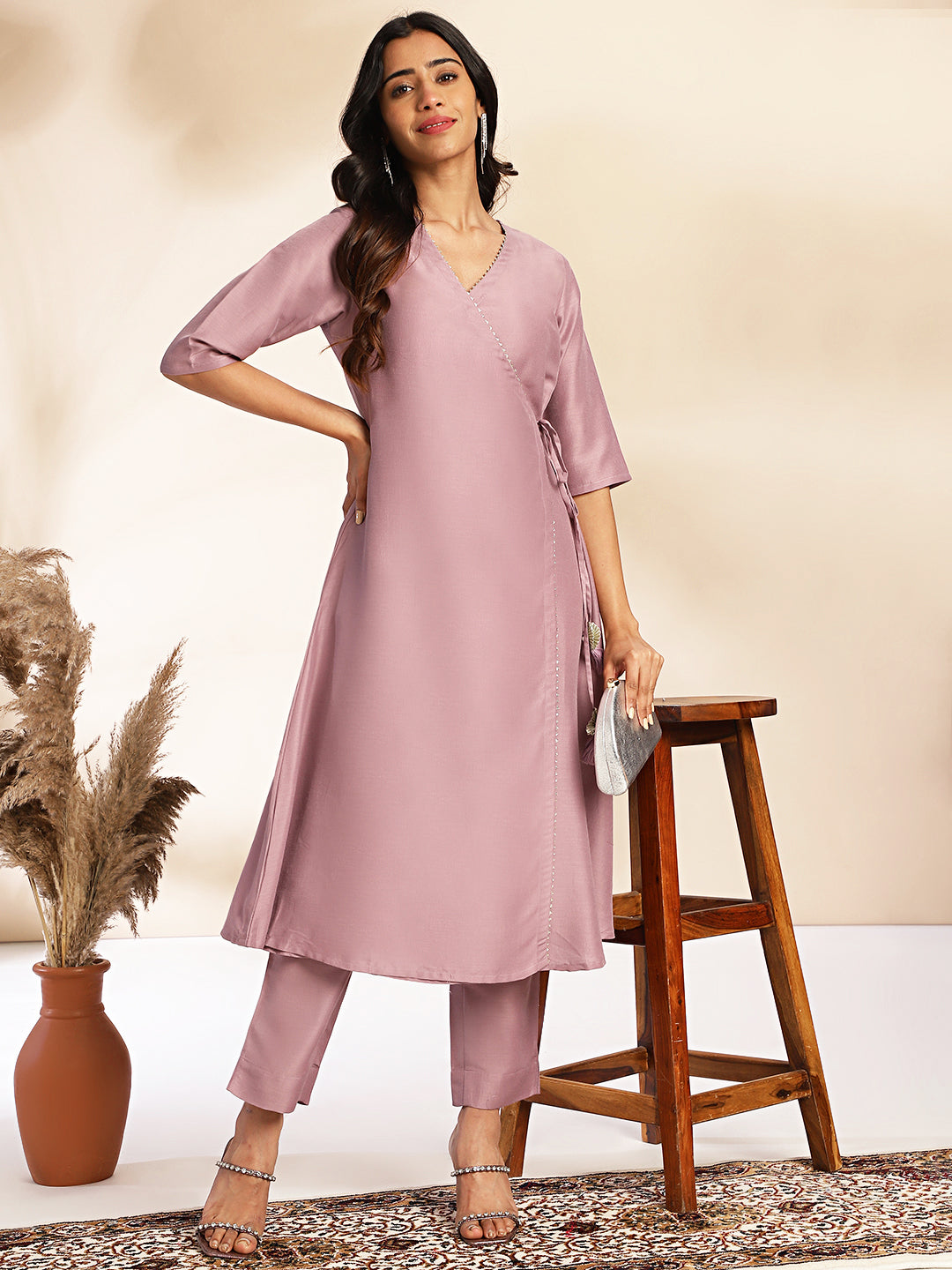 Lavender Chinnon Solid Wrap Kurta Set