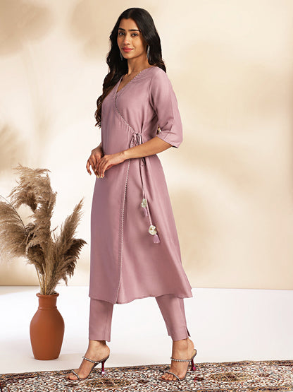 Lavender Chinnon Solid Wrap Kurta Set