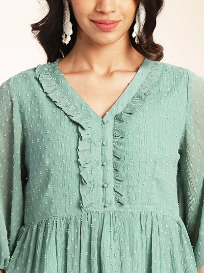 Sage Dobby Chiffon Woven Design Peplum Co-ord Set