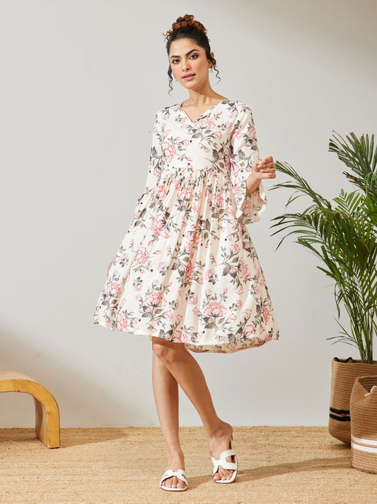 Janasya Women's Off White Rayon Floral Printed A-line Dress