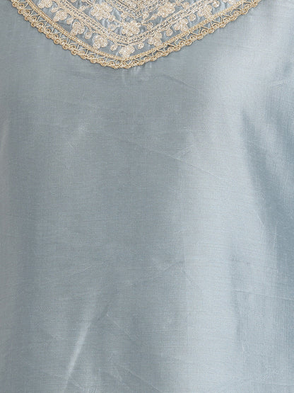 Janasya Women's Ice Blue Chanderi Yoke Embroidered Straight Kurta