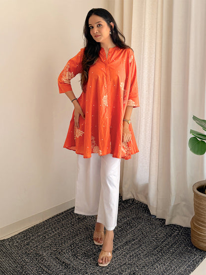 Orange Cotton Floral Printed Flared Tunic