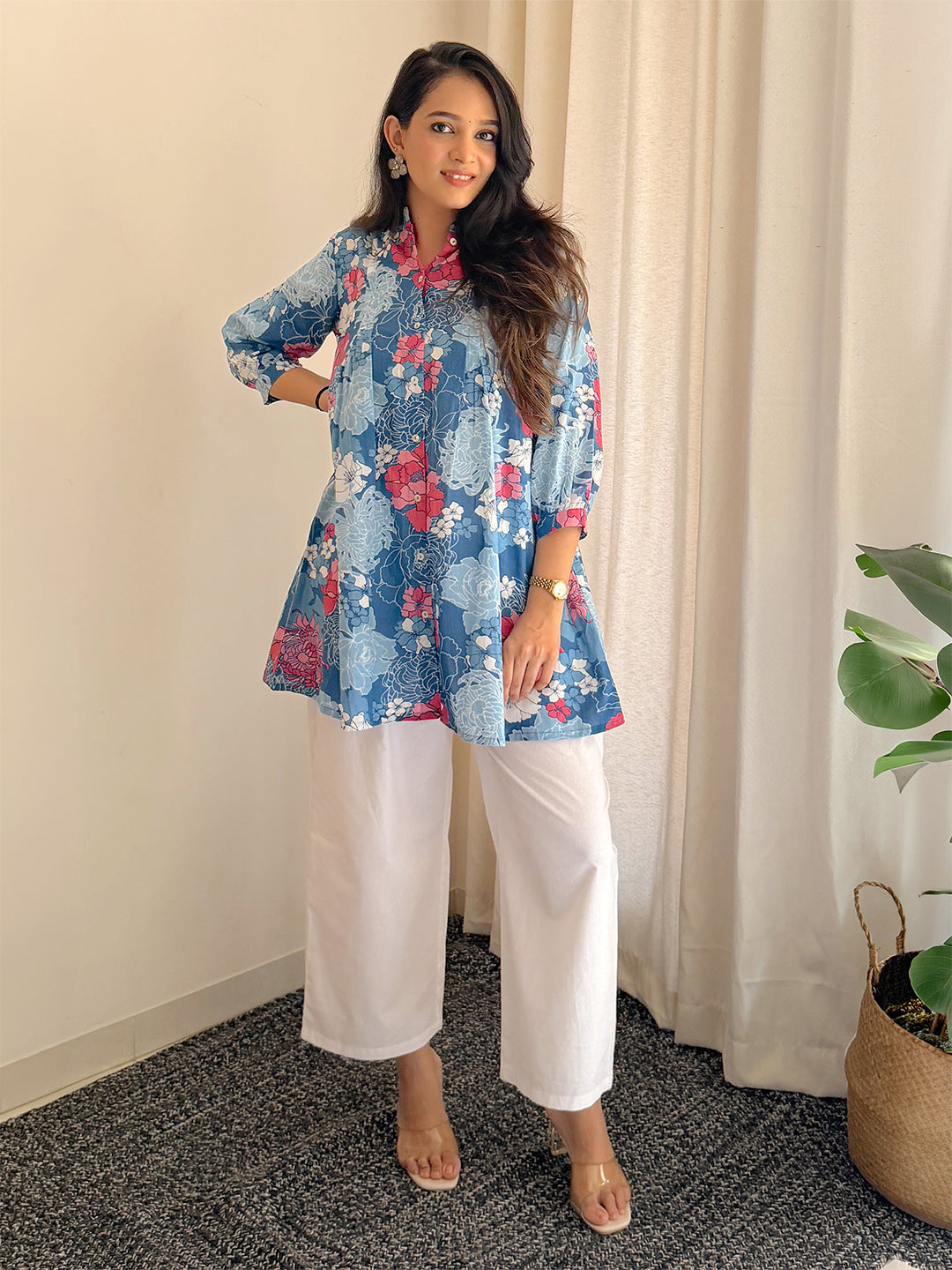 Blue Cotton Floral A-Line Tunic