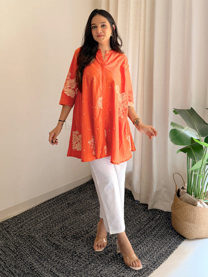 Orange Cotton Floral Printed Flared Tunic
