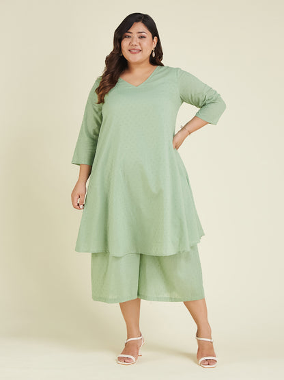 Janasya Women's Plus Size Green Dobby Pure Cotton Solid A-line Kurta Set