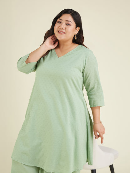 Janasya Women's Plus Size Green Dobby Pure Cotton Solid A-line Kurta Set