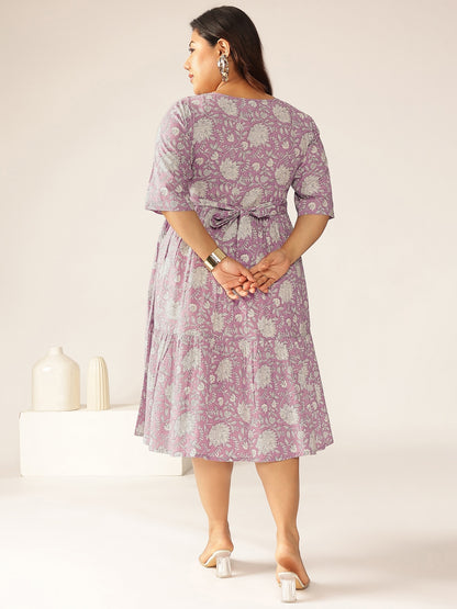 Plus Size Lavender Pure Cotton Floral Printed Tiered Dress