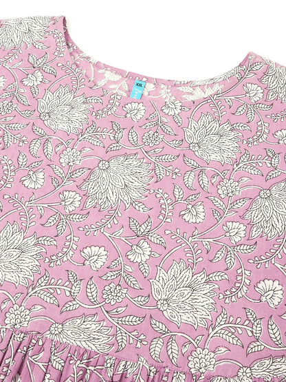 Plus Size Lavender Pure Cotton Floral Printed Tiered Dress