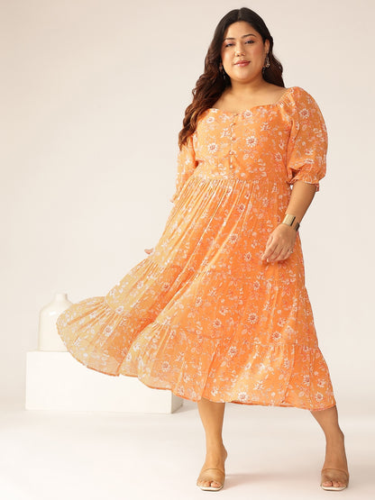 Plus Size Orange Georgette Floral Printed Tiered Dress
