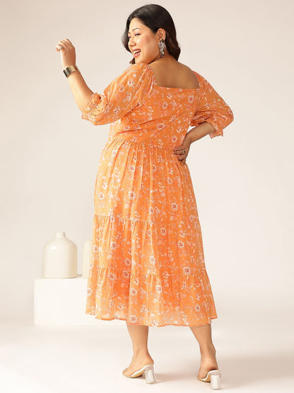 Plus Size Orange Georgette Floral Printed Tiered Dress