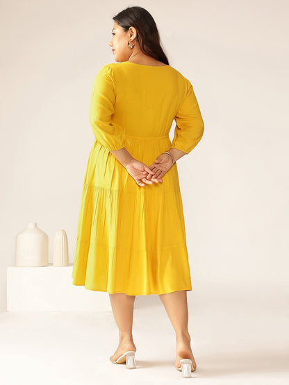 Plus Size Mustard Rayon Solid Tiered Dress