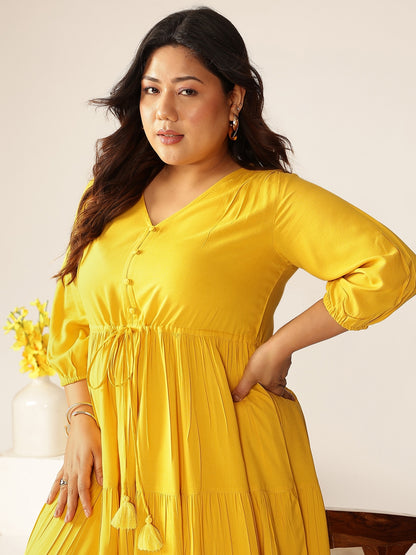 Plus Size Mustard Rayon Solid Tiered Dress