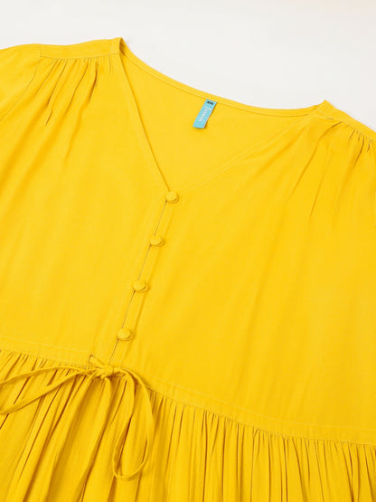 Plus Size Mustard Rayon Solid Tiered Dress