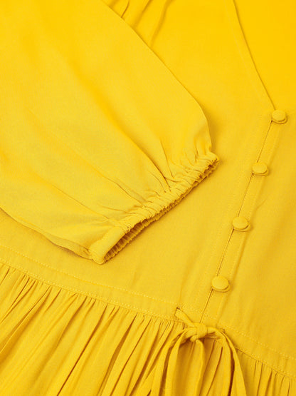 Plus Size Mustard Rayon Solid Tiered Dress