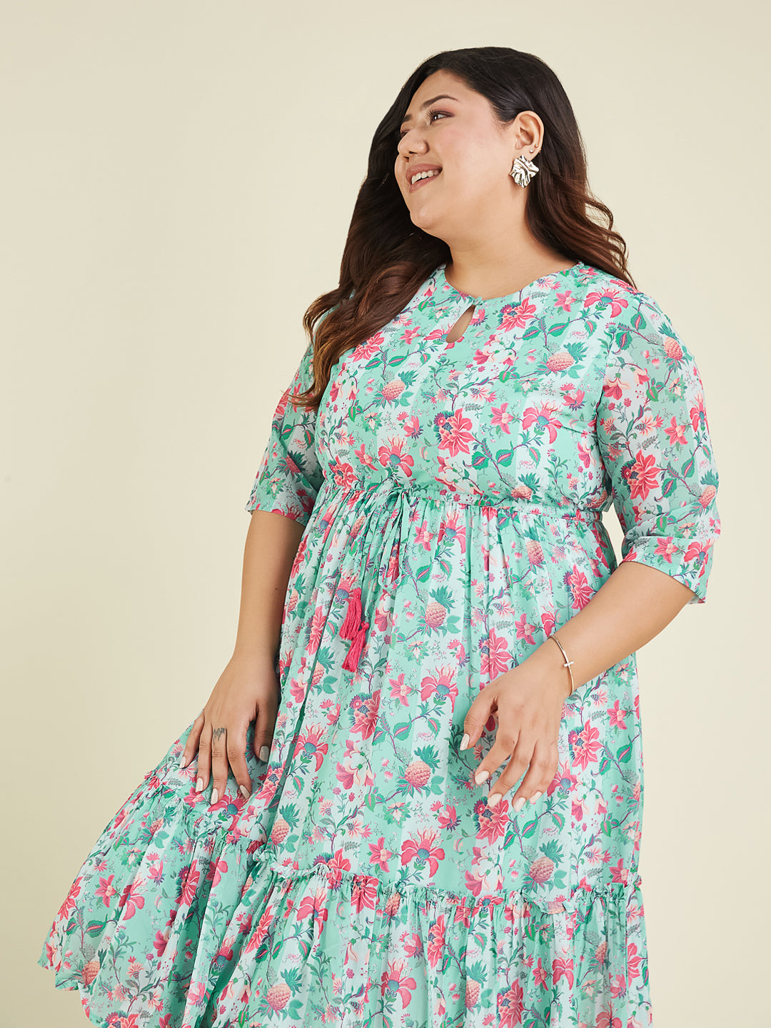 Janasya Women's Plus Size Aqua Georgette Floral Printed Fit & Flare Dress