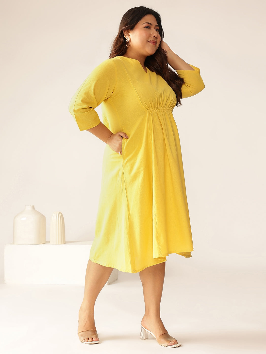 Plus Size Yellow Cotton Solid A-line Dress