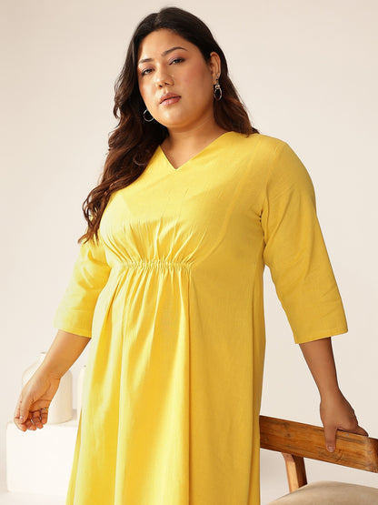Plus Size Yellow Cotton Solid A-line Dress