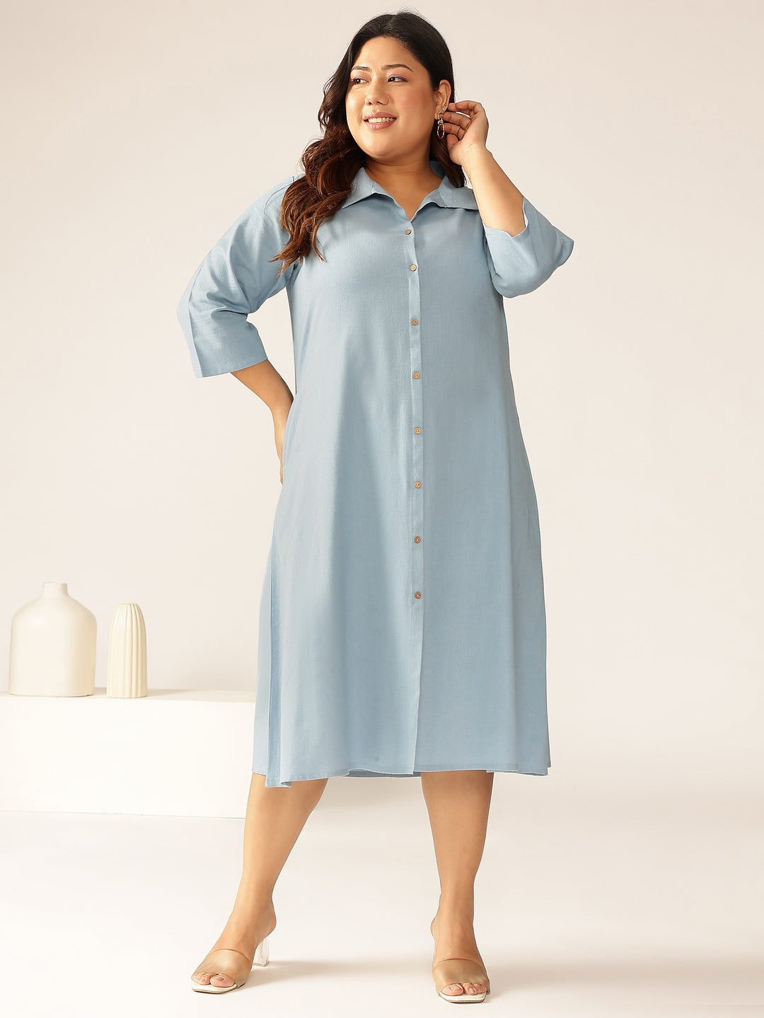 Plus Size Light Blue Cotton Solid Button Down Shirt Style A-line Dress