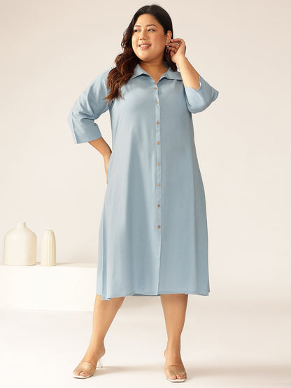 Plus Size Light Blue Cotton Solid Button Down Shirt Style A-line Dress