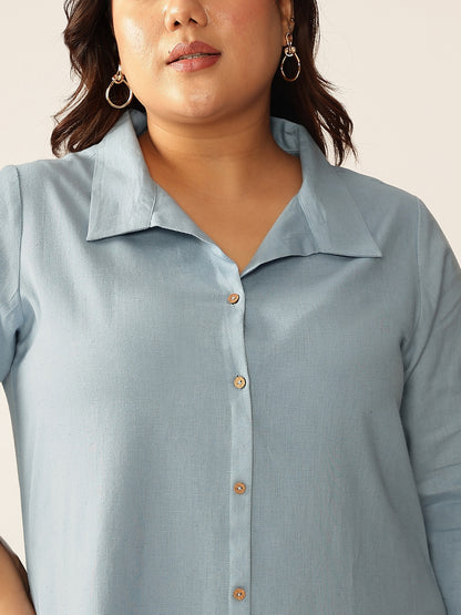 Plus Size Light Blue Cotton Solid Button Down Shirt Style A-line Dress