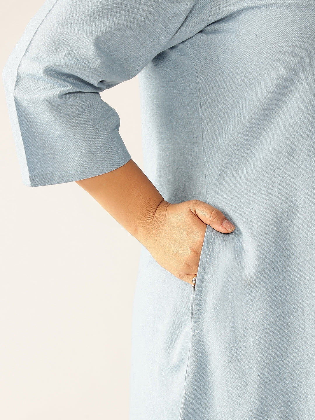 Plus Size Light Blue Cotton Solid Button Down Shirt Style A-line Dress