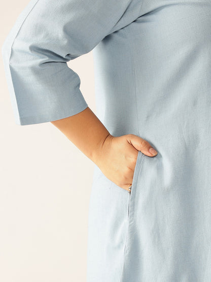 Plus Size Light Blue Cotton Solid Button Down Shirt Style A-line Dress