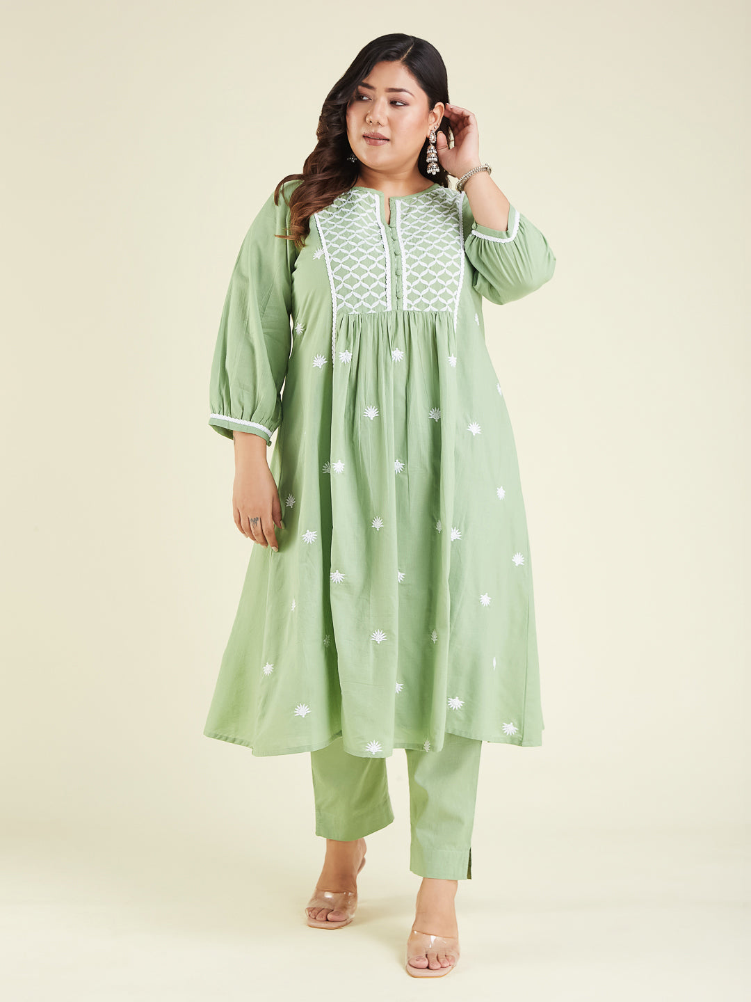 Janasya Women's Plus Size Light Green Pure Cotton Embroidered A-line Kurta Set
