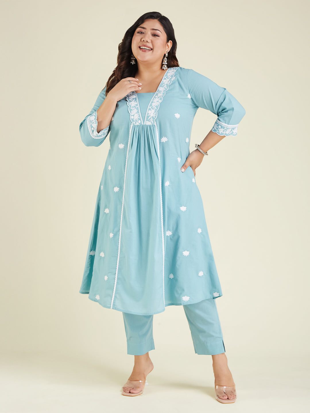 Janasya Women's Plus Size Light Blue Pure Cotton Embroidered A-line Kurta Pant Set
