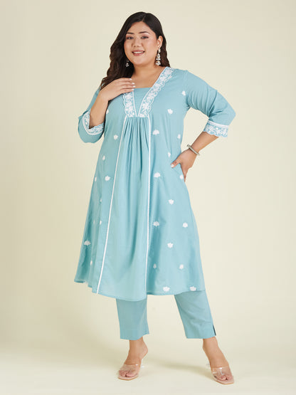 Janasya Women's Plus Size Light Blue Pure Cotton Embroidered A-line Kurta Pant Set