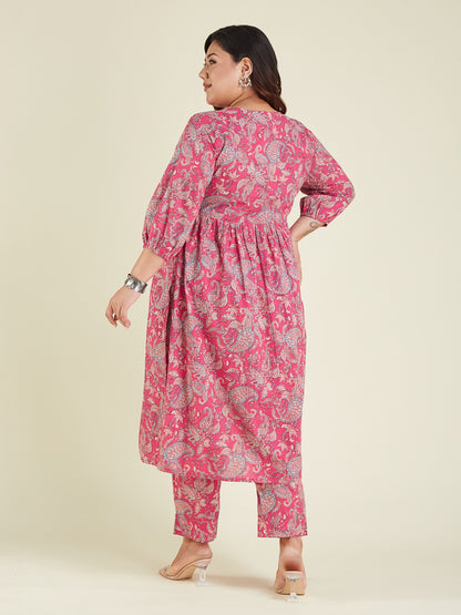 Janasya Women's Plus Size Pink Pure Cotton Floral Printed A-line Kurta Pant Set