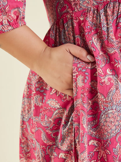 Janasya Women's Plus Size Pink Pure Cotton Floral Printed A-line Kurta Pant Set