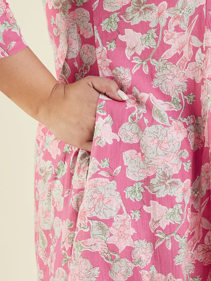 Janasya Women's Plus Size Pink Pure Cotton Yoke Embroidered Floral Printed A-line Kurta Set